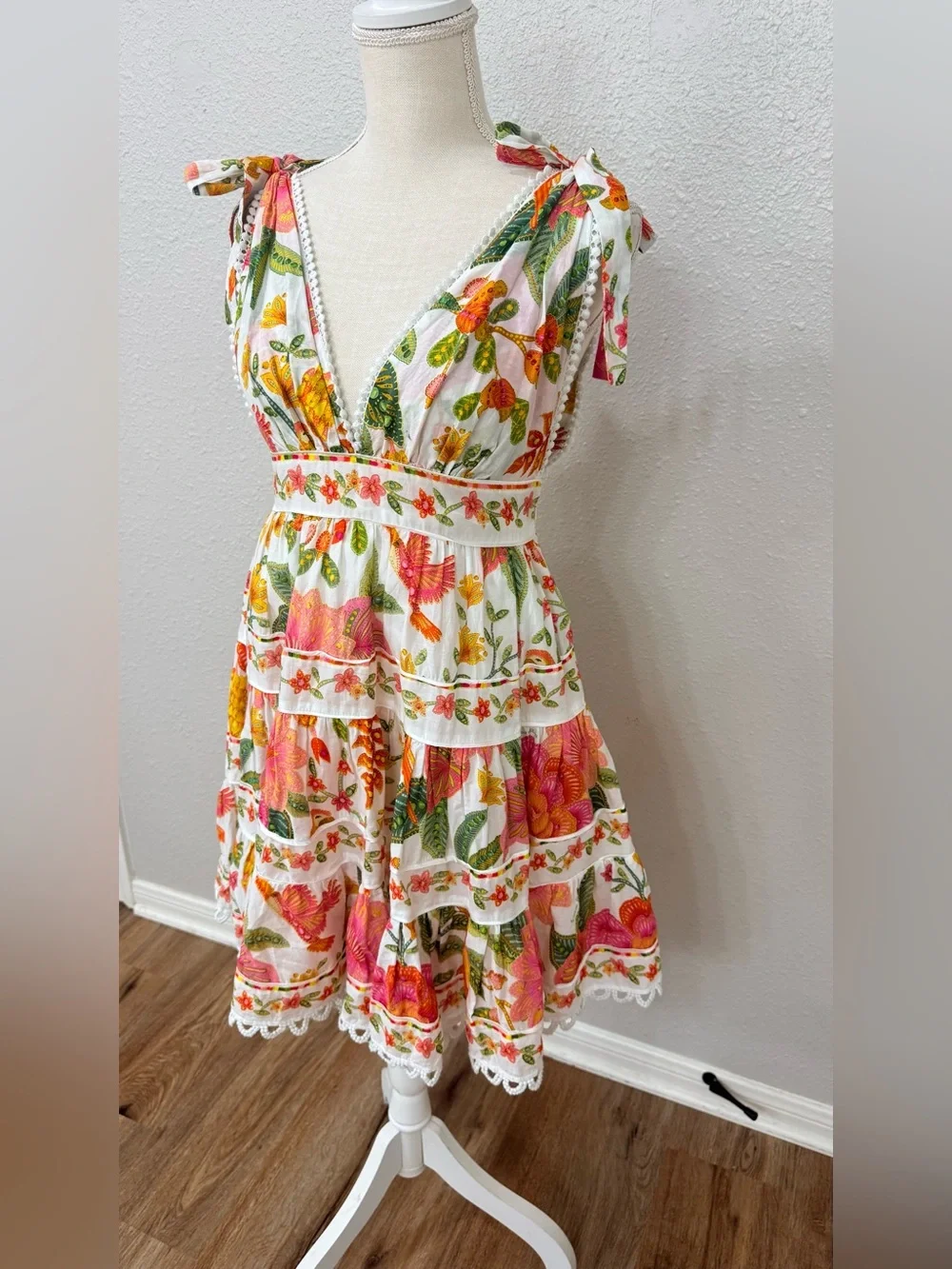 FARM Rio Macaw Bloom Tie Shoulder Tiered Floral Mini Dress Size S